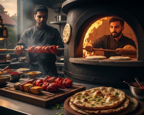 Chef preparing tandoori dishes in clay oven